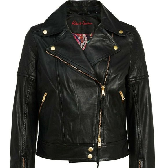 Robert Graham Women's Monroe Black Leather Moto Zip Quilted Jacket XS